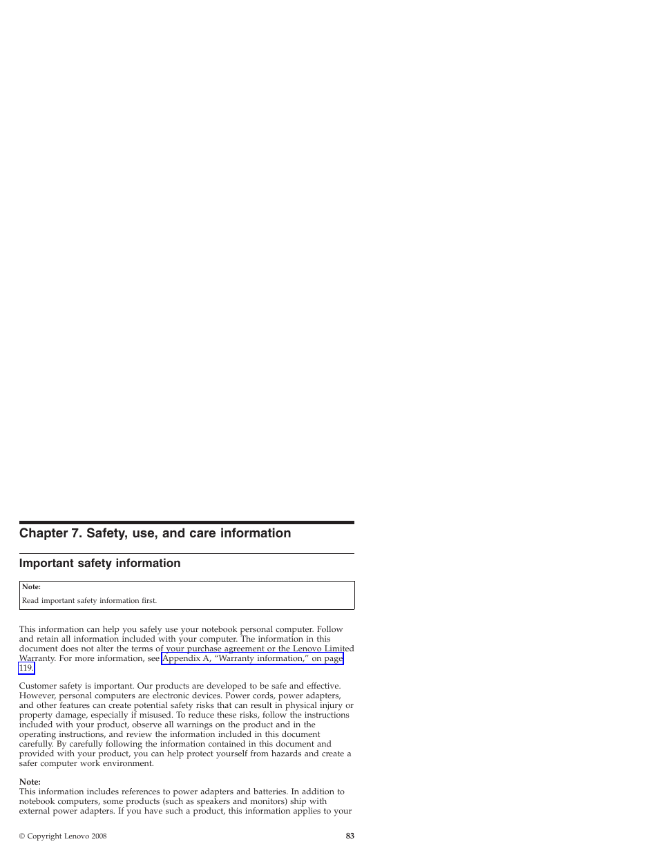Chapter 7. safety, use, and care information, Important safety information, Chapter | Safety, Care, Information, Important | Lenovo IdeaPad S9e -FR User Manual | Page 91 / 176