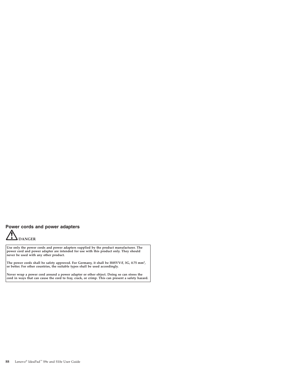 Power cords and power adapters | Lenovo IdeaPad S9e -FR User Manual | Page 96 / 176