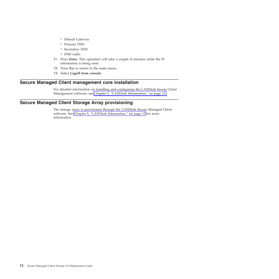 Secure managed client management core installation, Secure managed client storage array provisioning | Lenovo Secure Managed Client User Manual | Page 20 / 72