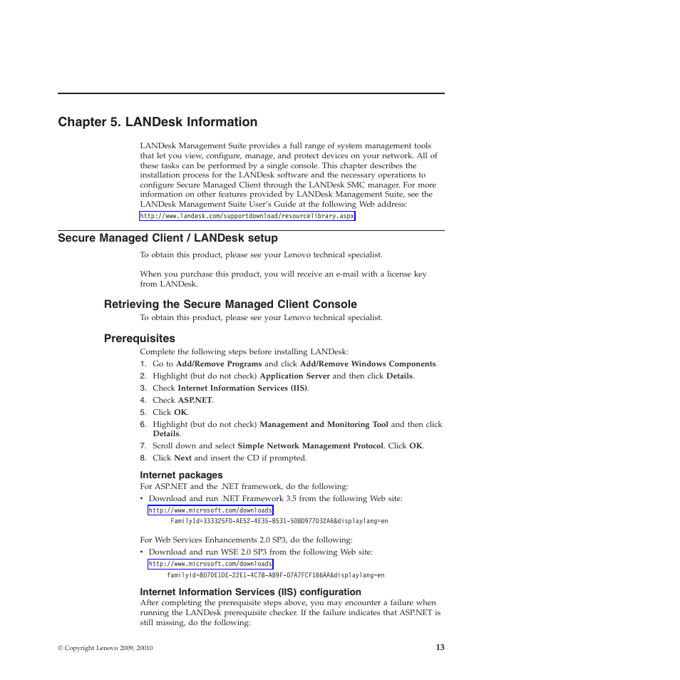 Chapter 5. landesk information, Secure managed client / landesk setup, Retrieving the secure managed client console | Prerequisites, Internet packages, Internet information services (iis) configuration | Lenovo Secure Managed Client User Manual | Page 21 / 72
