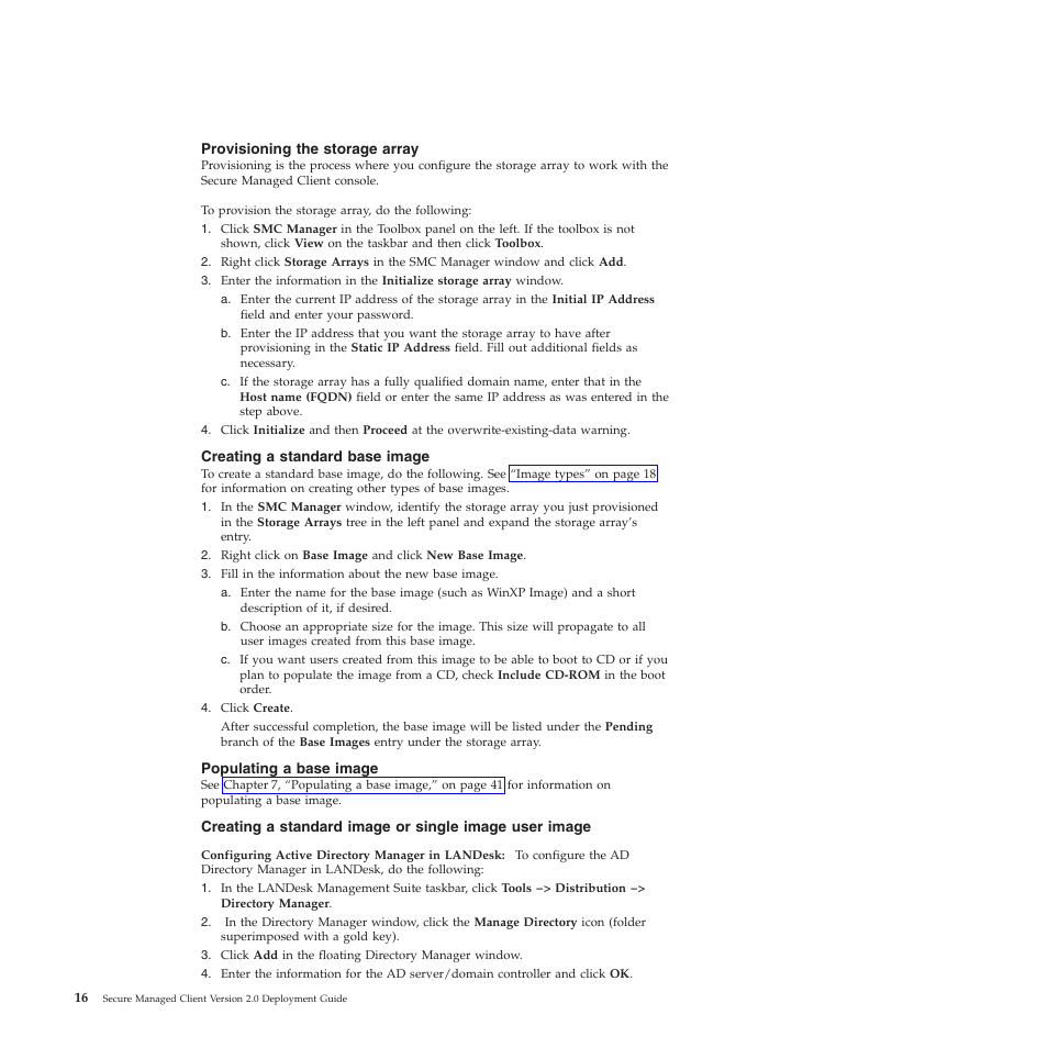 Provisioning the storage array, Creating a standard base image, Populating a base image | Lenovo Secure Managed Client User Manual | Page 24 / 72