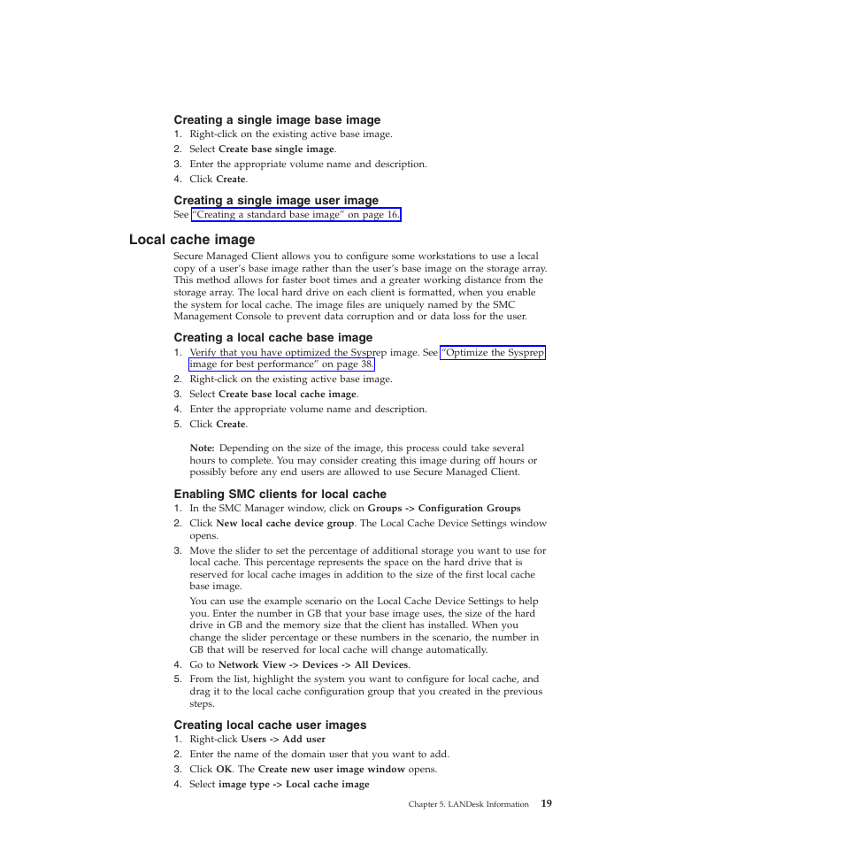 Creating a single image base image, Creating a single image user image, Local cache image | Creating a local cache base image, Enabling smc clients for local cache, Creating local cache user images | Lenovo Secure Managed Client User Manual | Page 27 / 72