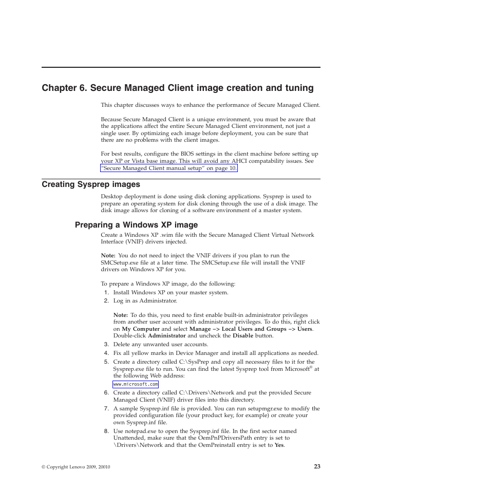 Creating sysprep images, Preparing a windows xp image | Lenovo Secure Managed Client User Manual | Page 31 / 72