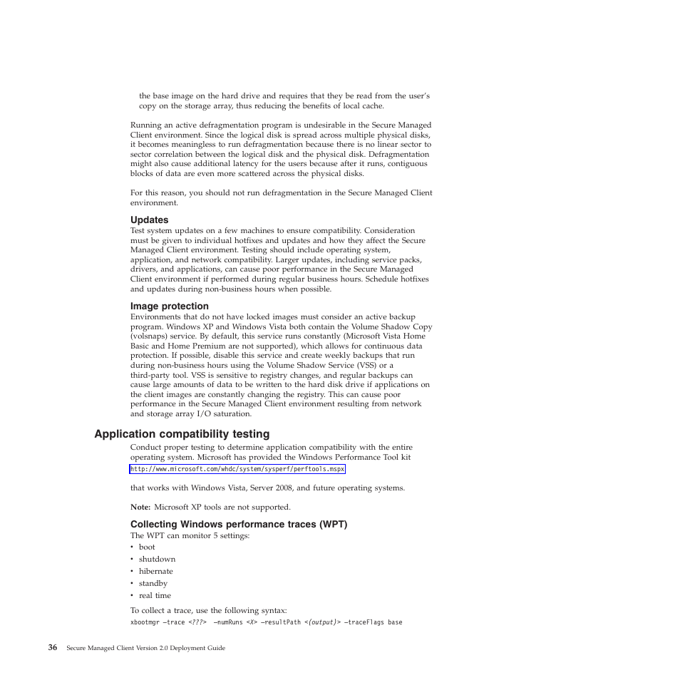 Updates, Image protection, Application compatibility testing | Collecting windows performance traces (wpt) | Lenovo Secure Managed Client User Manual | Page 44 / 72