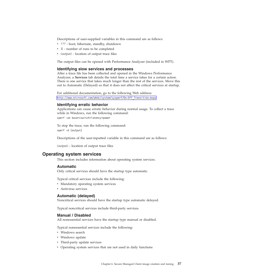 Identifying slow services and processes, Identifying erratic behavior, Operating system services | Automatic, Automatic (delayed), Manual / disabled | Lenovo Secure Managed Client User Manual | Page 45 / 72