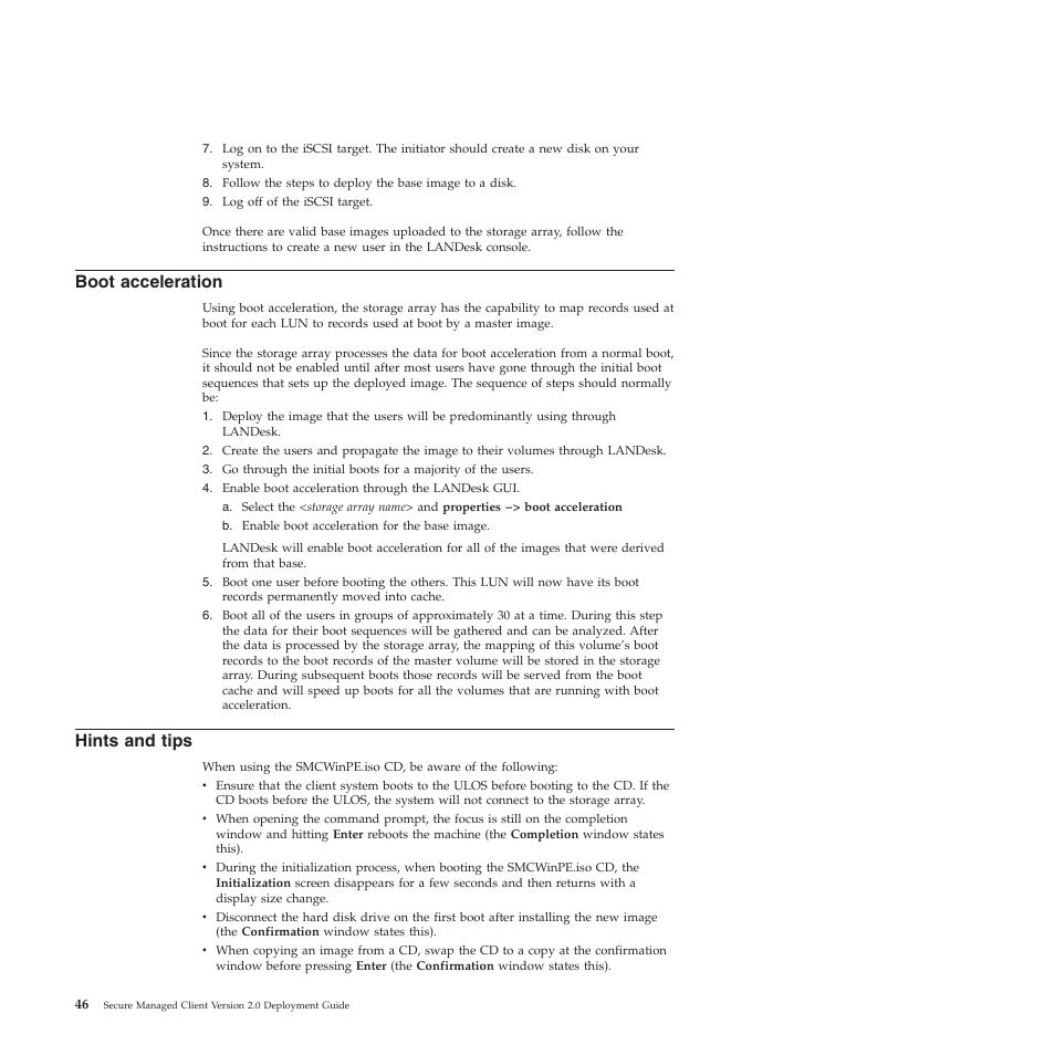 Boot acceleration, Hints and tips | Lenovo Secure Managed Client User Manual | Page 54 / 72