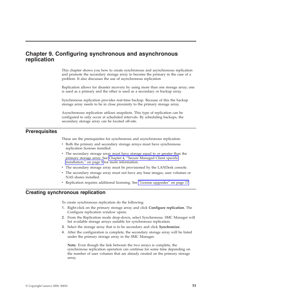 Prerequisites, Creating synchronous replication | Lenovo Secure Managed Client User Manual | Page 59 / 72