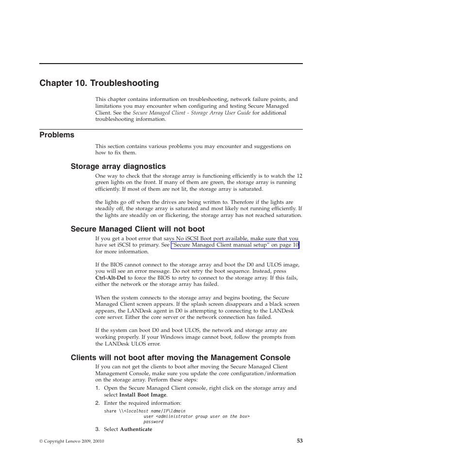 Chapter 10. troubleshooting, Problems, Storage array diagnostics | Secure managed client will not boot | Lenovo Secure Managed Client User Manual | Page 61 / 72