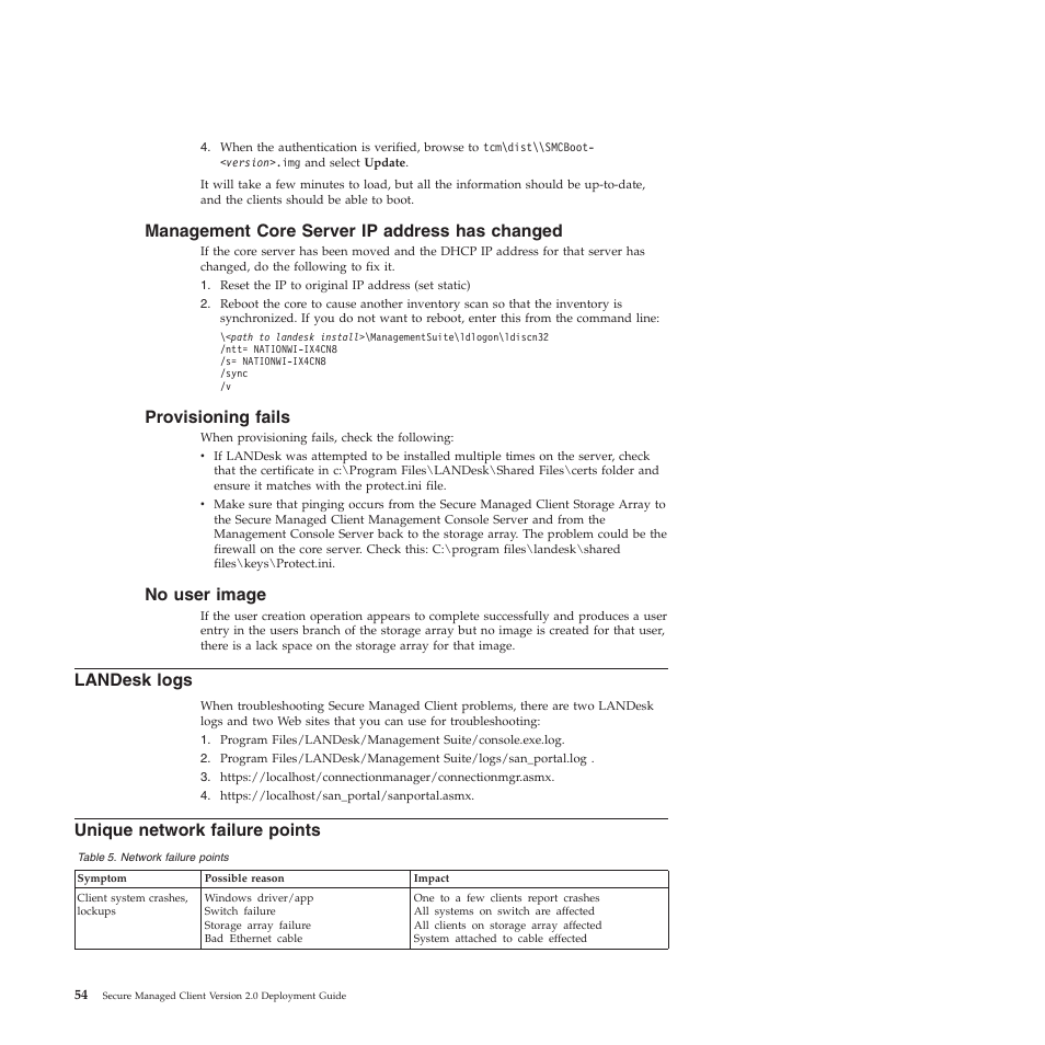 Management core server ip address has changed, Provisioning fails, No user image | Landesk logs, Unique network failure points | Lenovo Secure Managed Client User Manual | Page 62 / 72