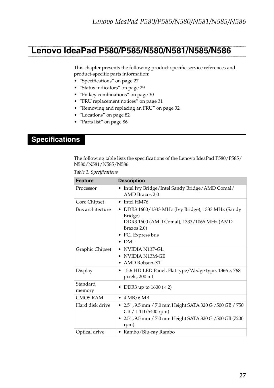 Lenovo ideapad p580/p585/n580/n581/n585/n586, Specifications, Lenovo ideapad p580/p585/n580/n581 | Lenovo IdeaPad N580 User Manual | Page 31 / 103