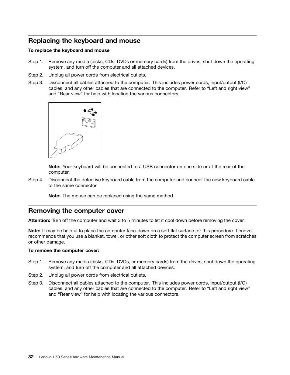 Replacing the keyboard and mouse, Removing the computer cover | Lenovo H50-50 Desktop User Manual | Page 38 / 91