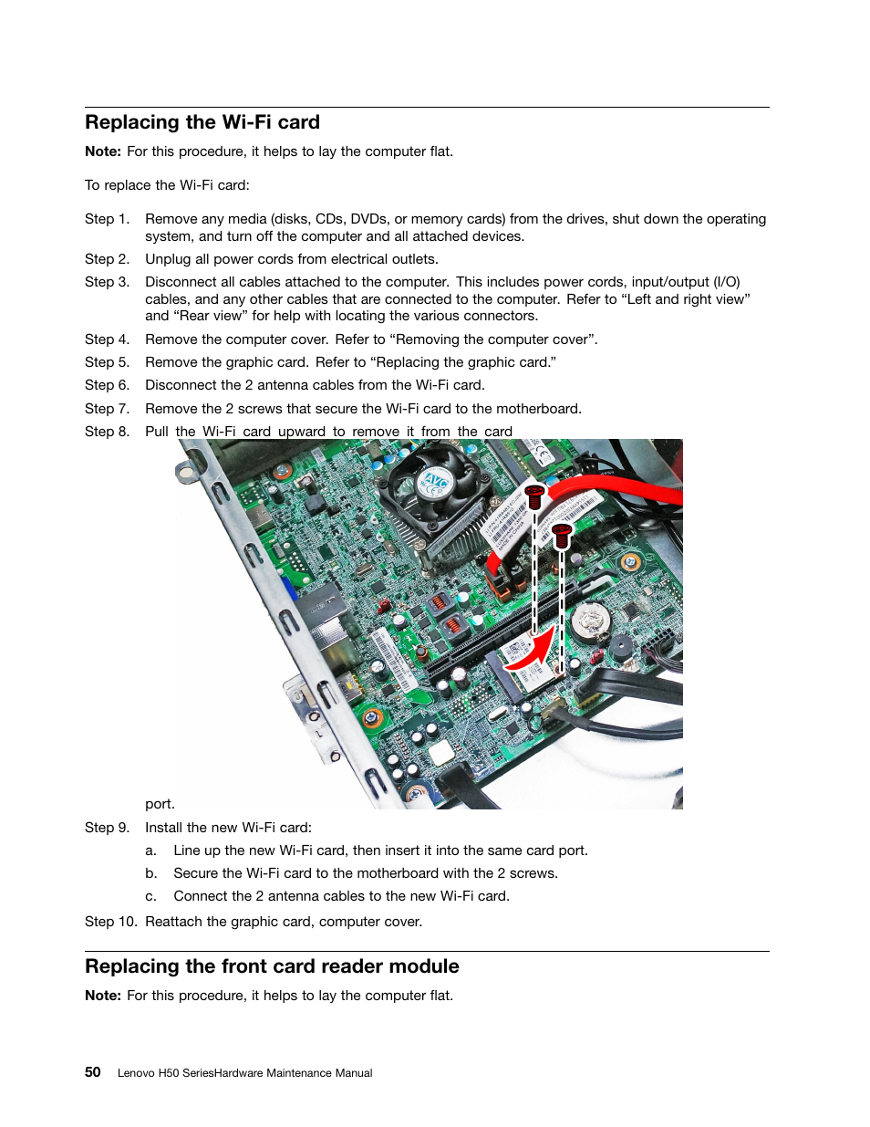 Replacing the wi-fi card, Replacing the front card reader module | Lenovo H50-50 Desktop User Manual | Page 56 / 91