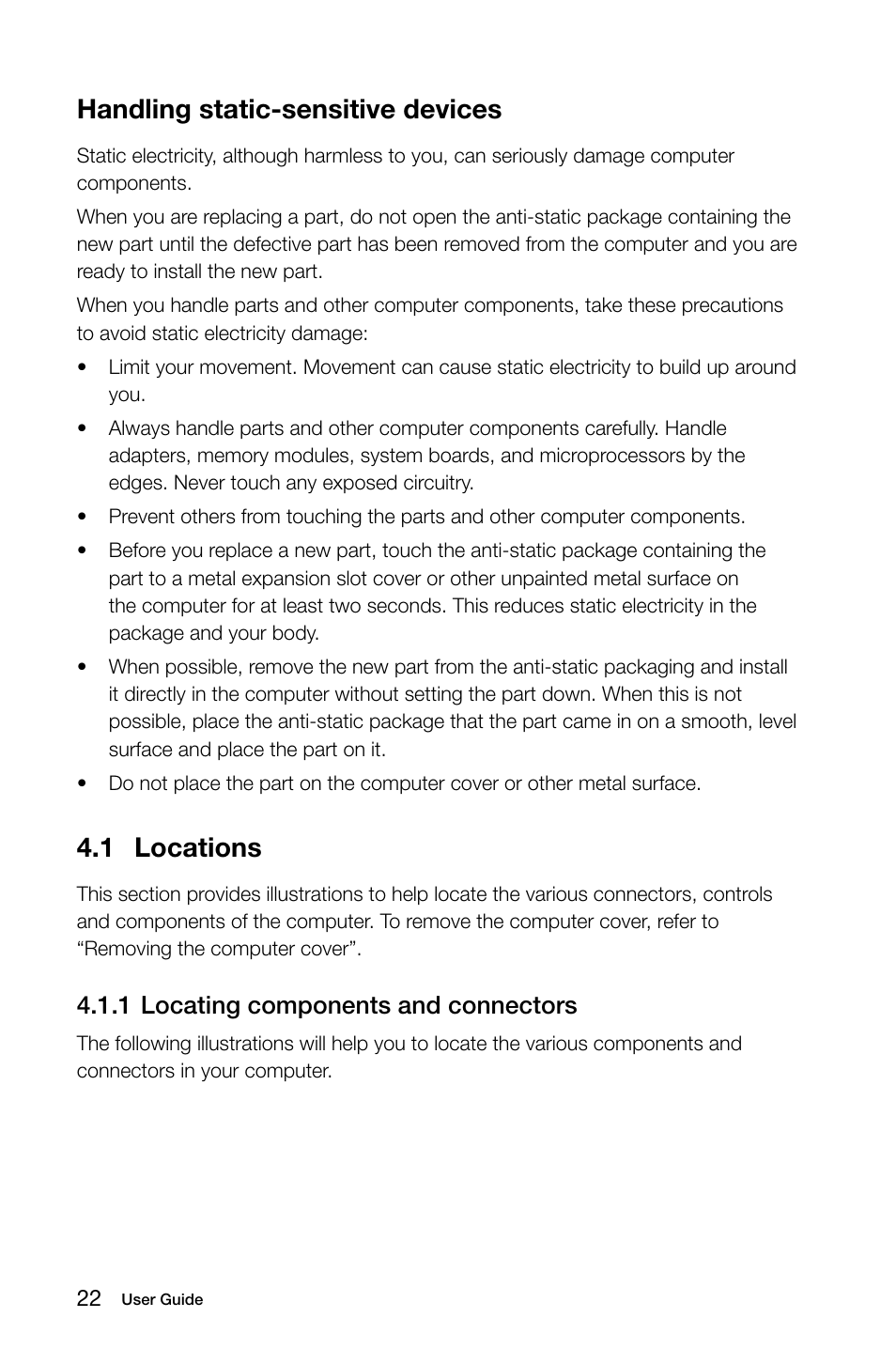 1 locations, Handling static-sensitive devices, 1 locating components and connectors | Lenovo H520s Desktop User Manual | Page 27 / 43