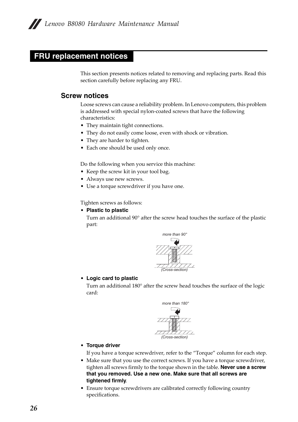 Fru replacement notices, Screw notices | Lenovo Yoga Tablet 10 HD+ B8080 User Manual | Page 30 / 85