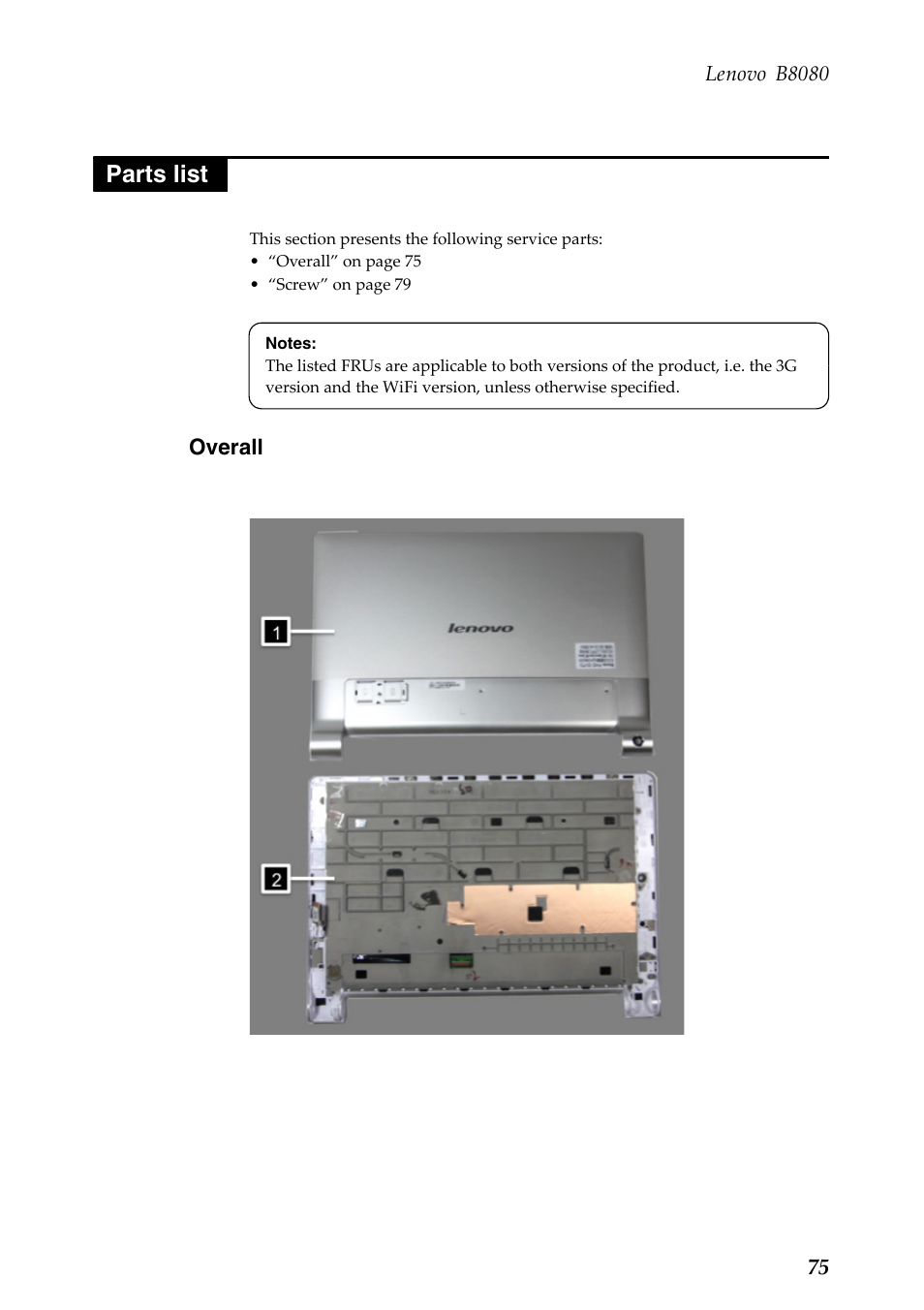 Parts list, Overall | Lenovo Yoga Tablet 10 HD+ B8080 User Manual | Page 79 / 85