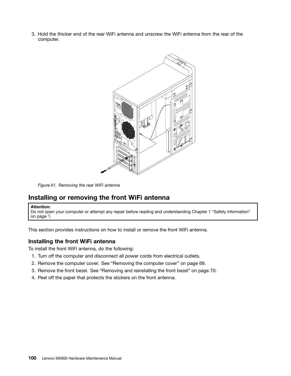 Installing or removing the front wifi antenna | Lenovo M5800 Desktop User Manual | Page 106 / 120