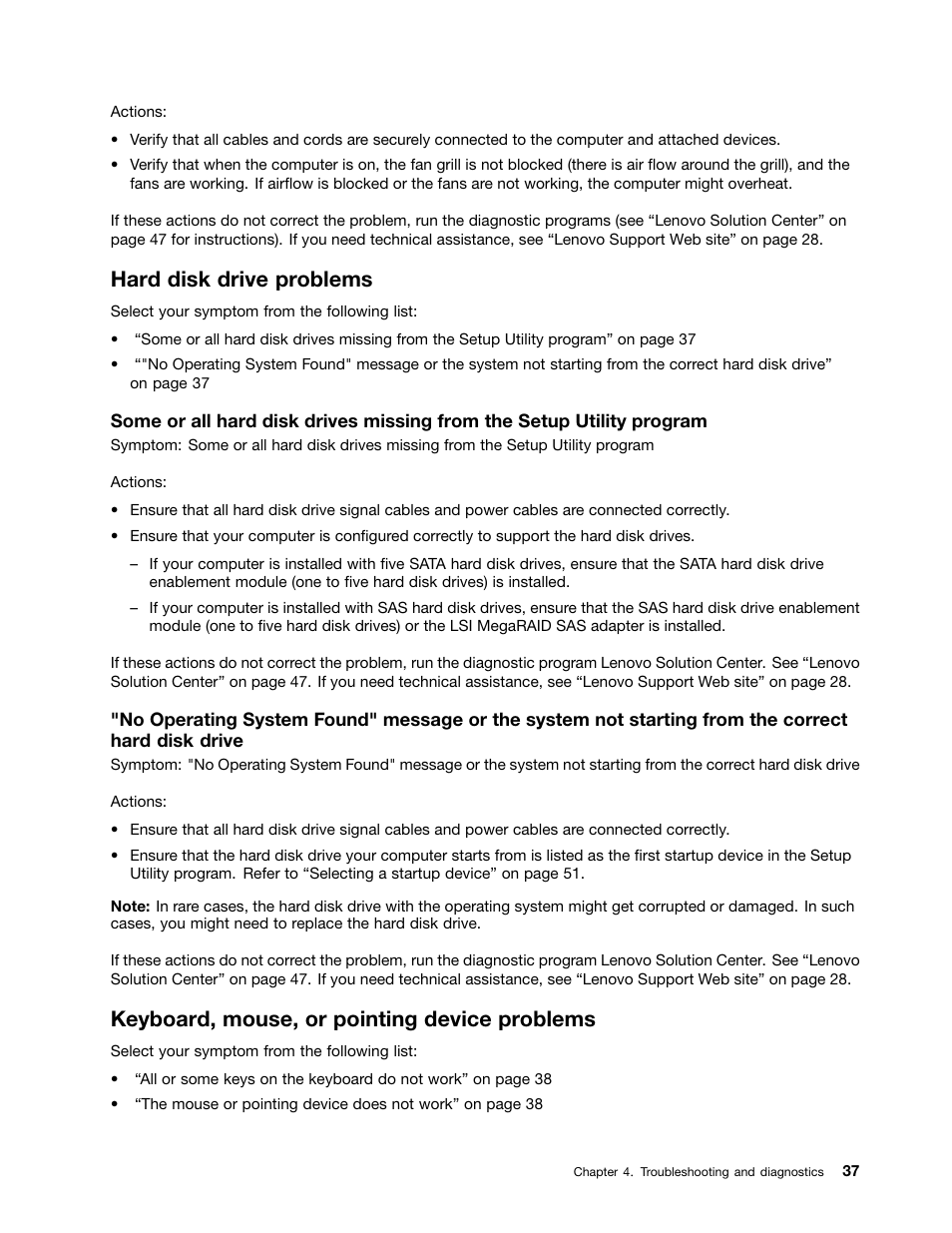 Hard disk drive problems, Keyboard, mouse, or pointing device problems | Lenovo M5800 Desktop User Manual | Page 43 / 120