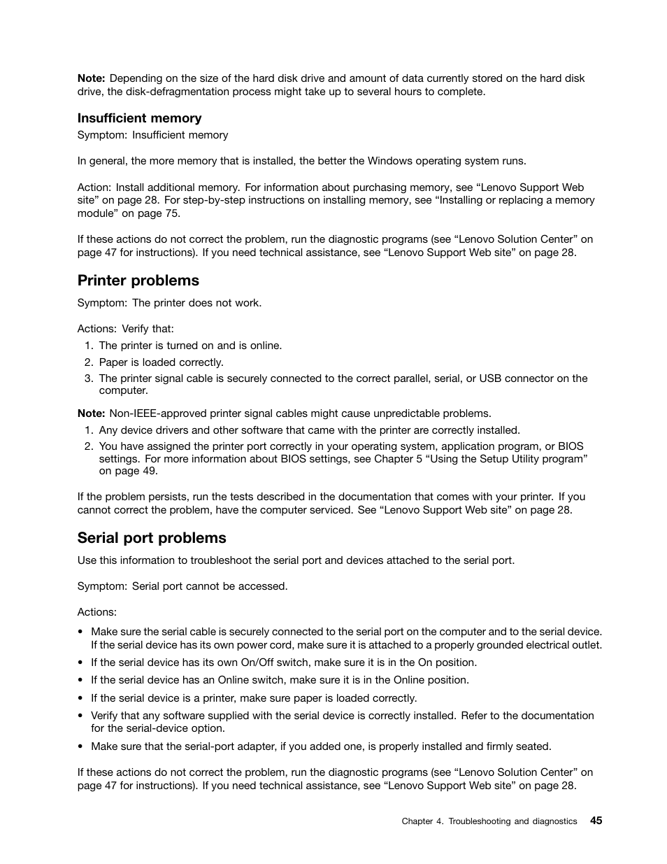 Printer problems, Serial port problems | Lenovo M5800 Desktop User Manual | Page 51 / 120