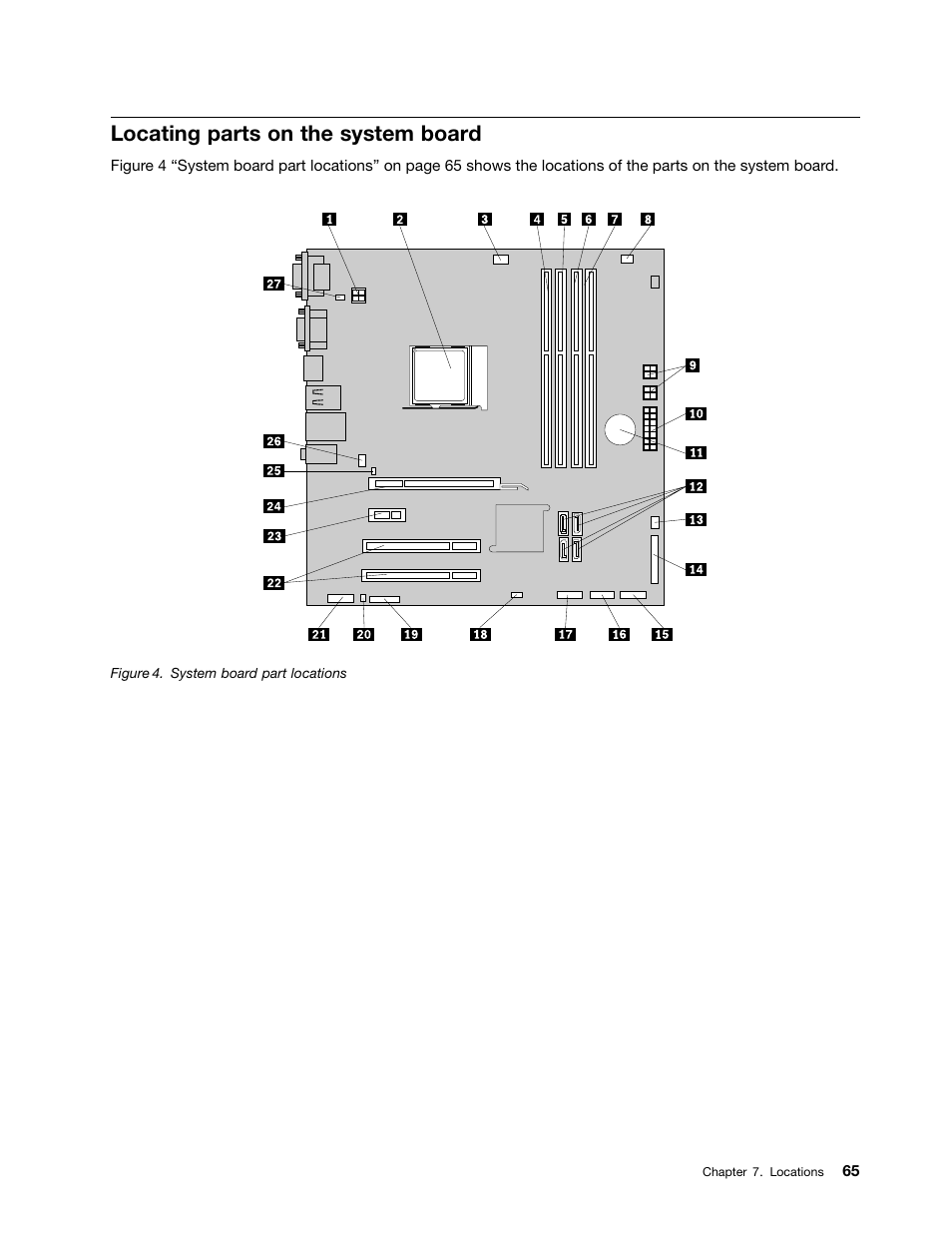 Locating parts on the system board, Locating parts on the system | Lenovo M5800 Desktop User Manual | Page 71 / 120