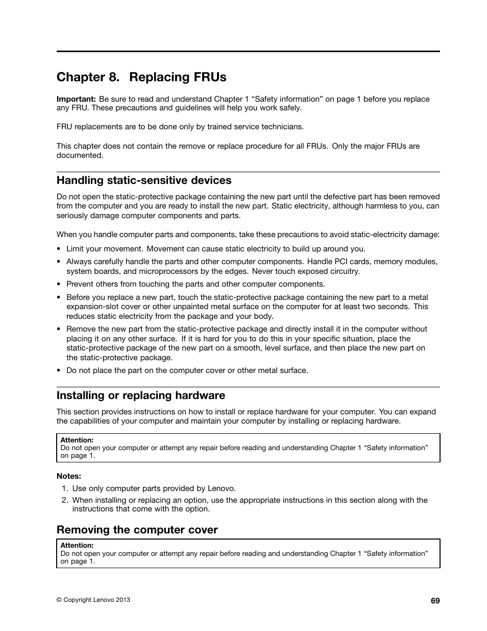 Chapter 8. replacing frus, Handling static-sensitive devices, Installing or replacing hardware | Removing the computer cover | Lenovo M5800 Desktop User Manual | Page 75 / 120