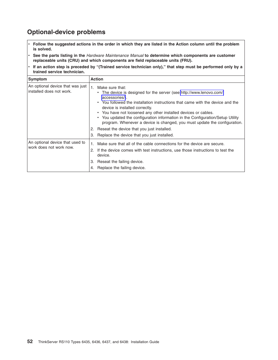 Optional-device problems, Optional-device, Problems | Lenovo ThinkServer RS110 User Manual | Page 66 / 90
