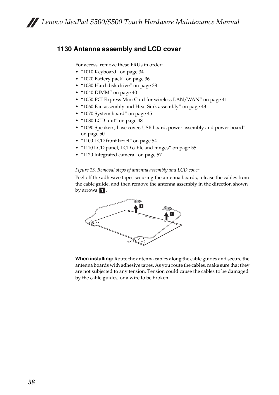 1130 antenna assembly and lcd cover | Lenovo IdeaPad S500 Notebook User Manual | Page 62 / 84