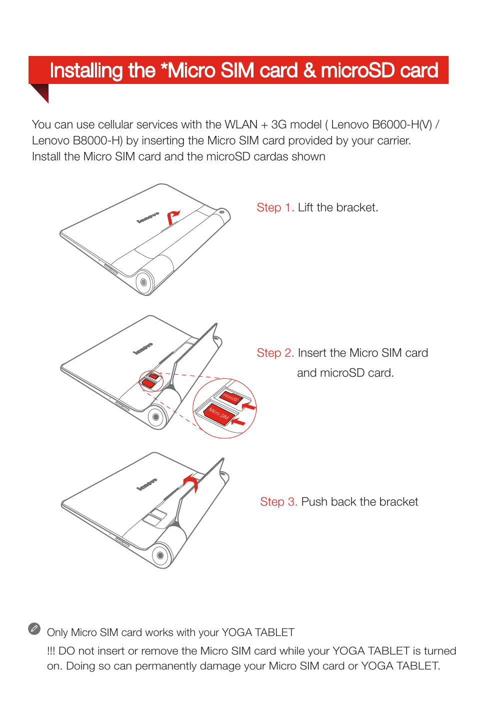 Installing the *micro sim card & microsd card | Lenovo Yoga Tablet 10 B8000 User Manual | Page 4 / 6