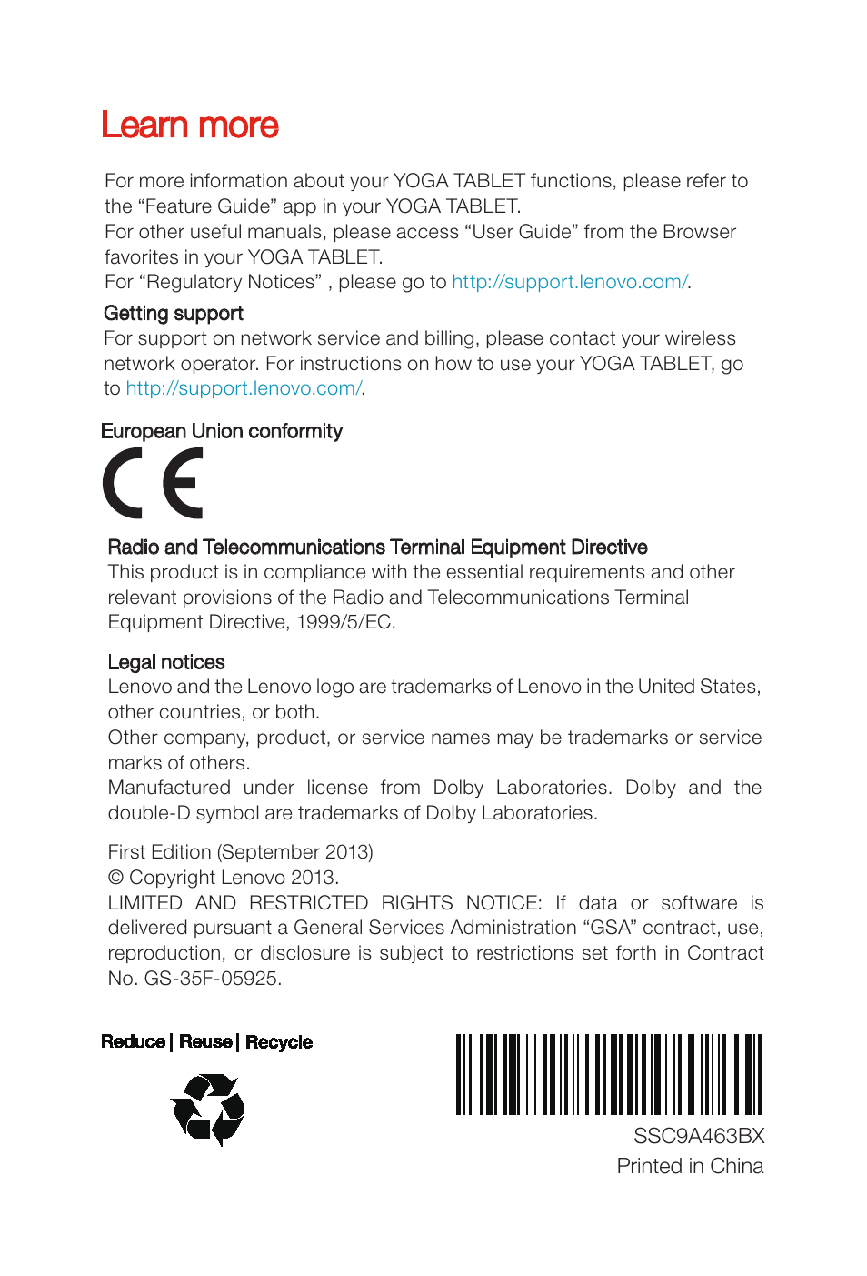 Learn more | Lenovo Yoga Tablet 10 B8000 User Manual | Page 6 / 6