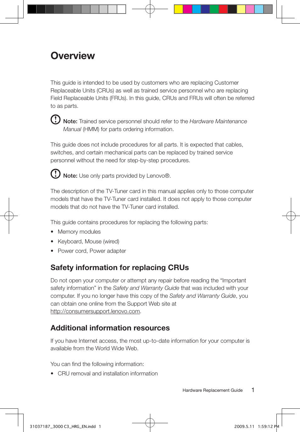 Overview, Safety information for replacing crus, Additional information resources | Lenovo 3000 C305 All-In-One User Manual | Page 4 / 17