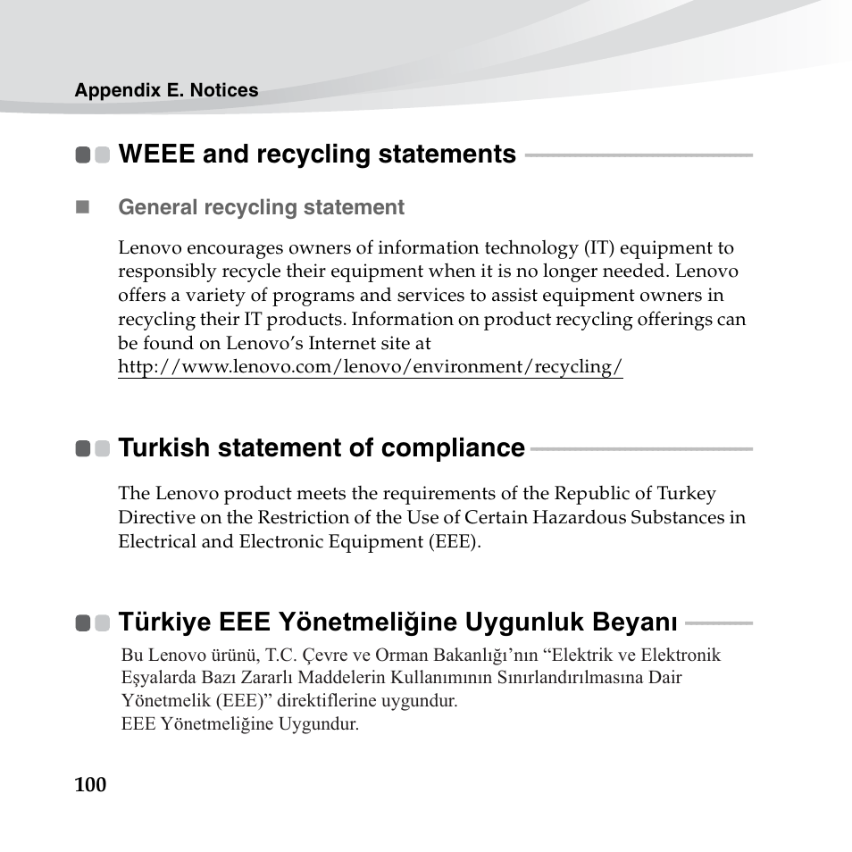 Weee and recycling statements, Turkish statement of compliance, Türkiye eee yönetmeliğine uygunluk beyanı | Lenovo IdeaPad S10-3c User Manual | Page 114 / 128