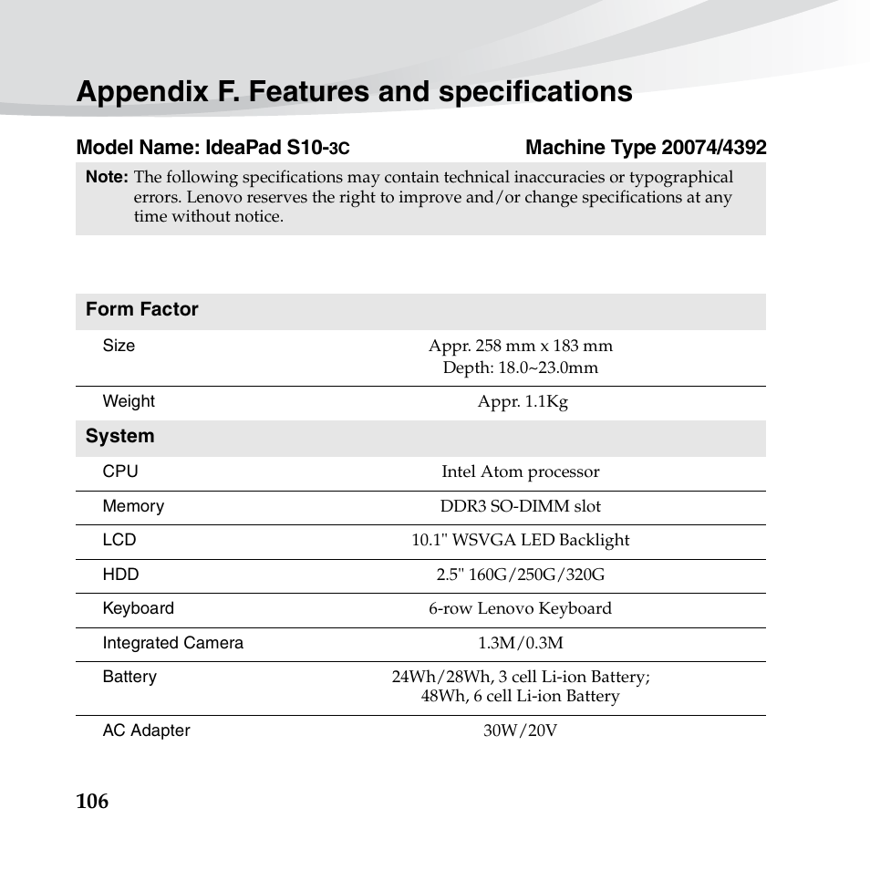 Appendix f. features and specifications | Lenovo IdeaPad S10-3c User Manual | Page 120 / 128