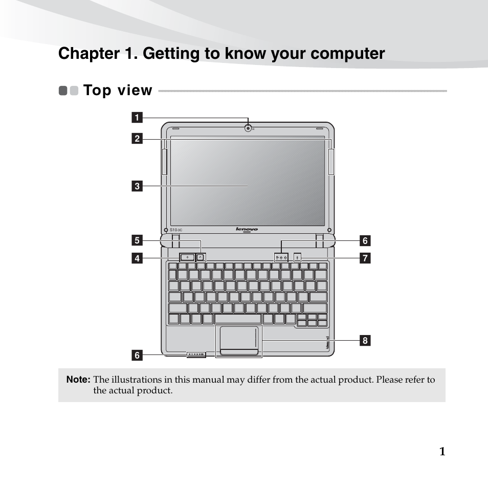 Chapter 1. getting to know your computer, Top view | Lenovo IdeaPad S10-3c User Manual | Page 15 / 128