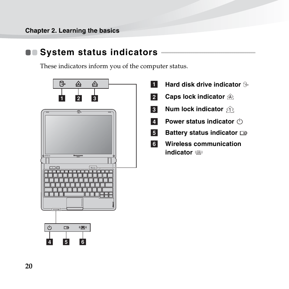System status indicators | Lenovo IdeaPad S10-3c User Manual | Page 34 / 128