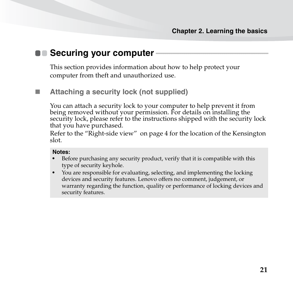 Securing your computer | Lenovo IdeaPad S10-3c User Manual | Page 35 / 128