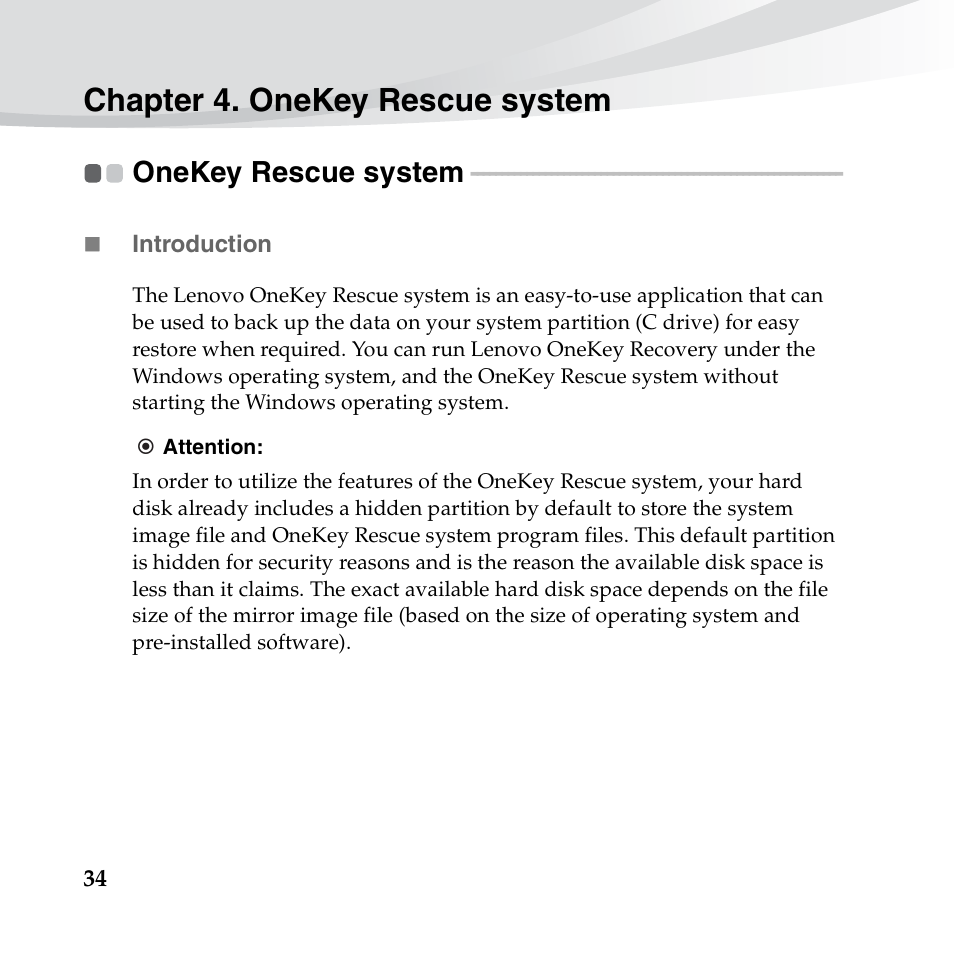 Chapter 4. onekey rescue system, Onekey rescue system | Lenovo IdeaPad S10-3c User Manual | Page 48 / 128