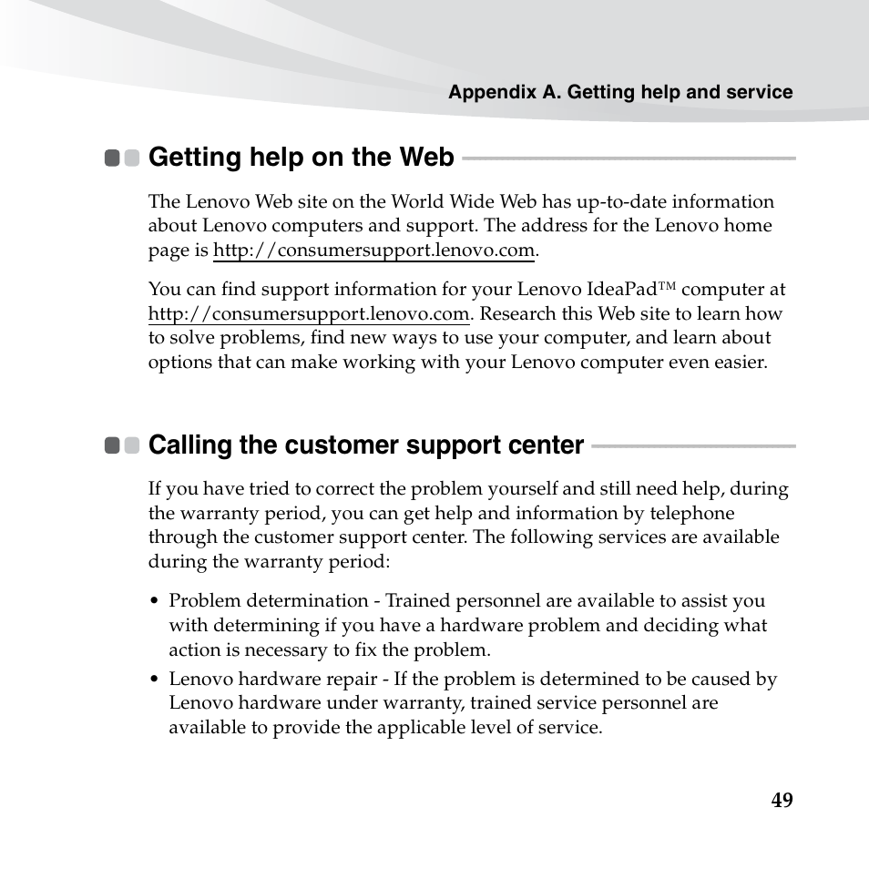 Getting help on the web, Calling the customer support center | Lenovo IdeaPad S10-3c User Manual | Page 63 / 128