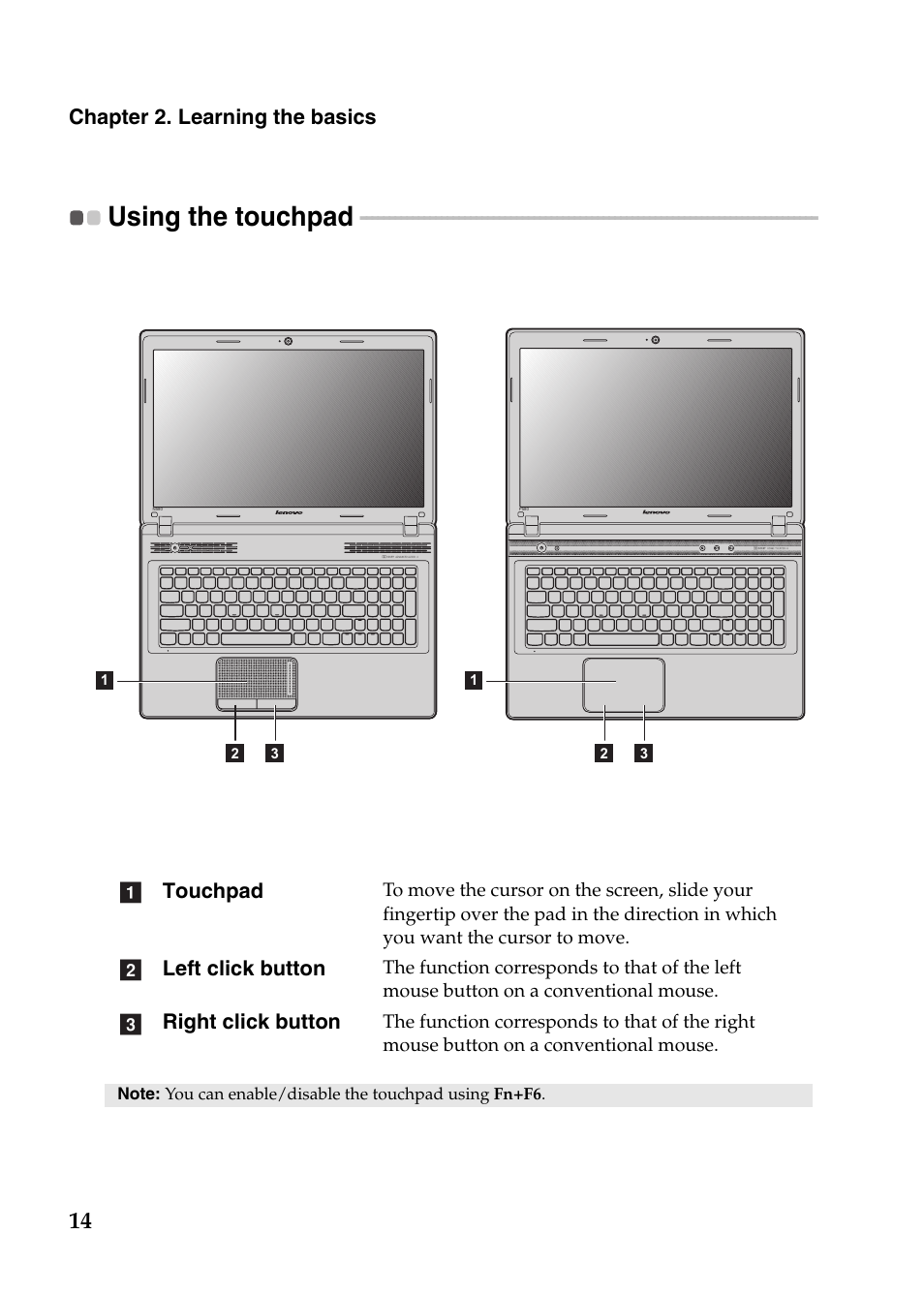 Using the touchpad, Chapter 2. learning the basics, Touchpad | Left click button, Right click button, Ab c | Lenovo IdeaPad N586 User Manual | Page 18 / 49