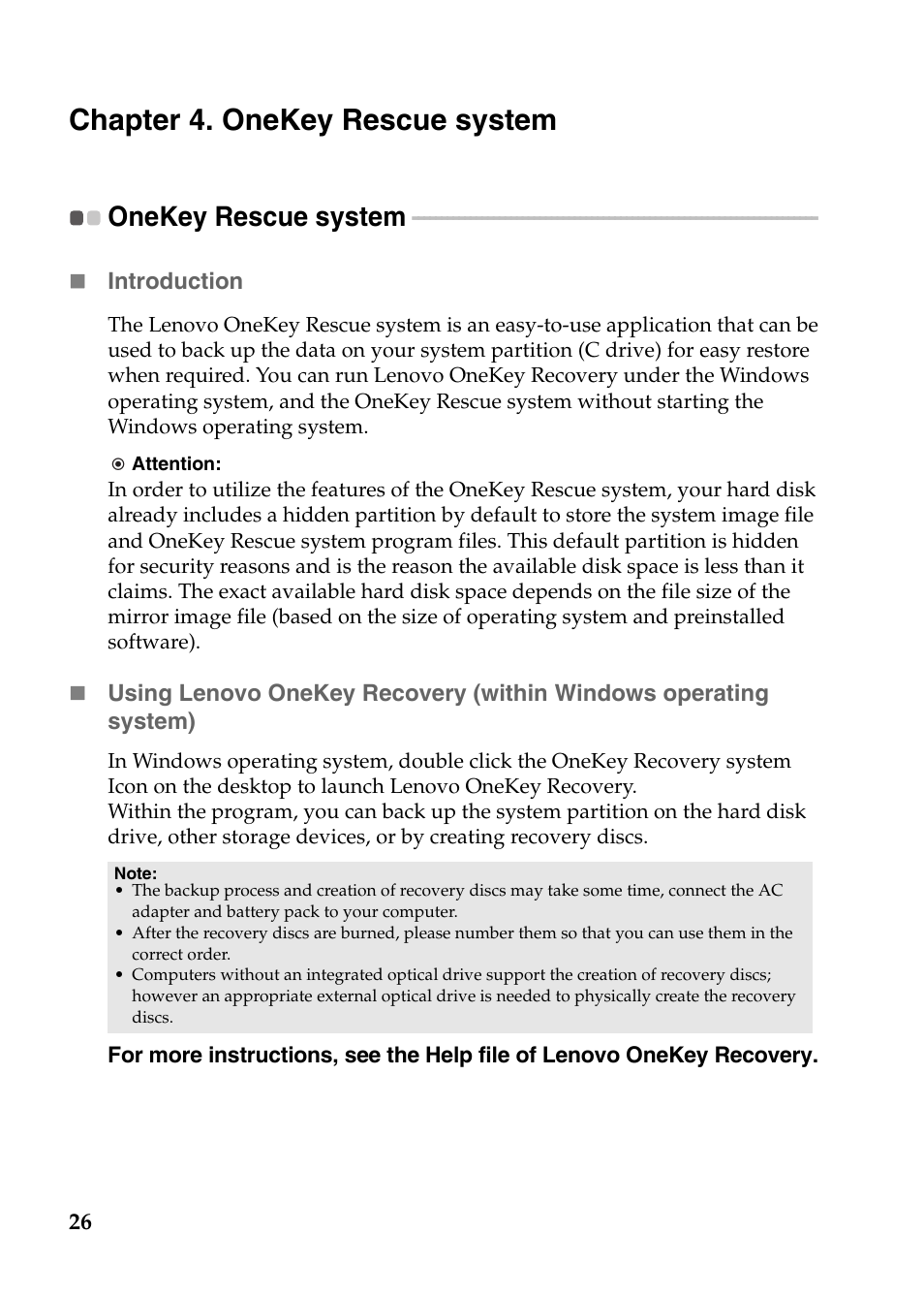 Chapter 4. onekey rescue system, Onekey rescue system | Lenovo IdeaPad N586 User Manual | Page 30 / 49