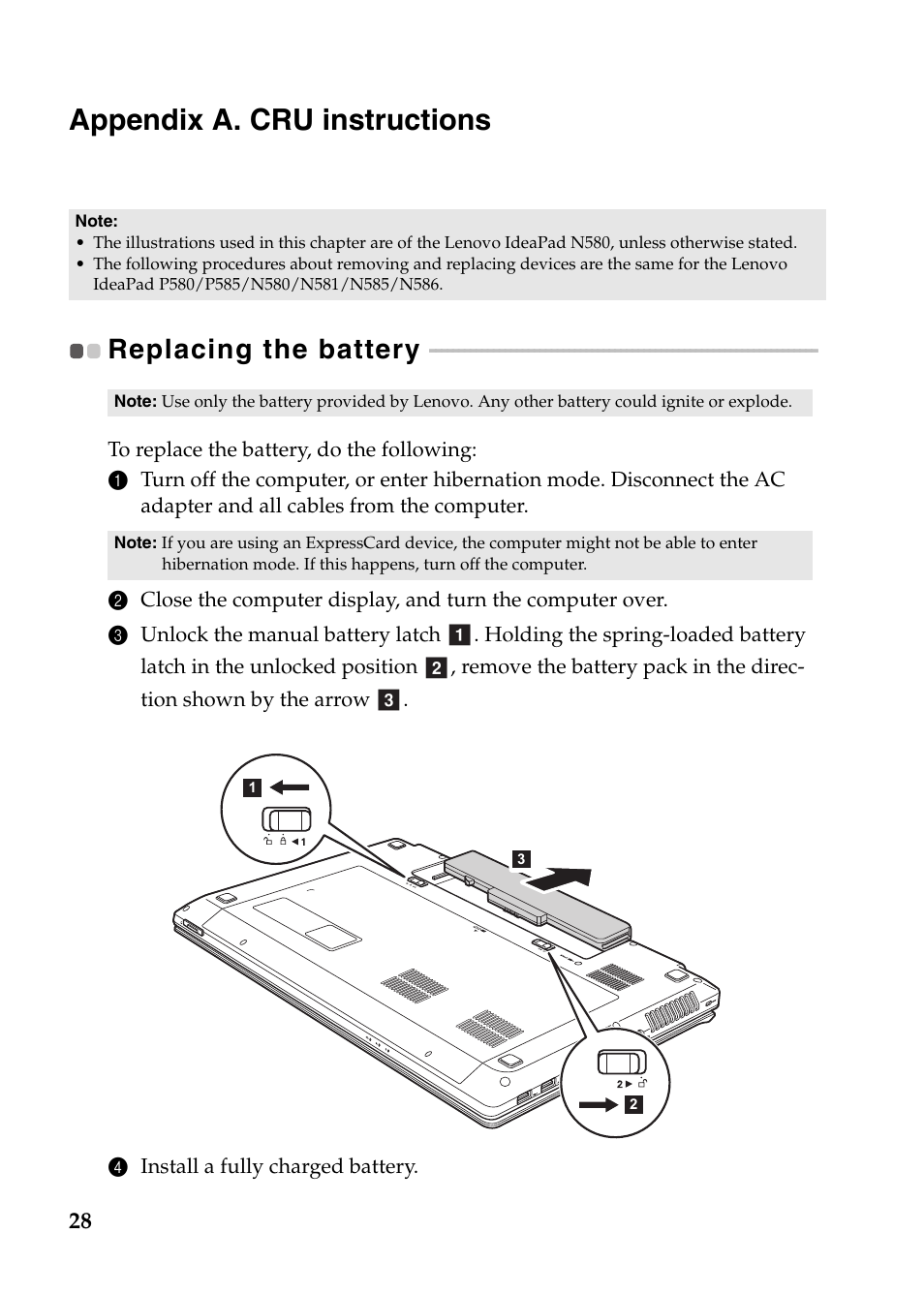 Appendix a. cru instructions, Replacing the battery | Lenovo IdeaPad N586 User Manual | Page 32 / 49