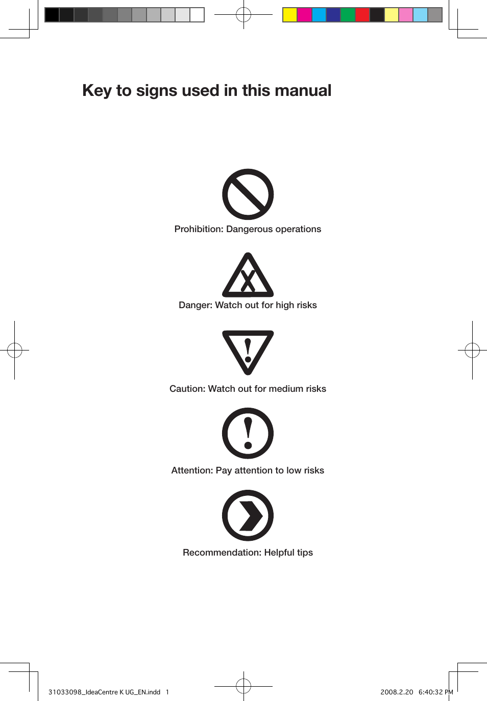 Key to signs used in this manual | Lenovo IdeaCentre K210 User Manual | Page 2 / 41