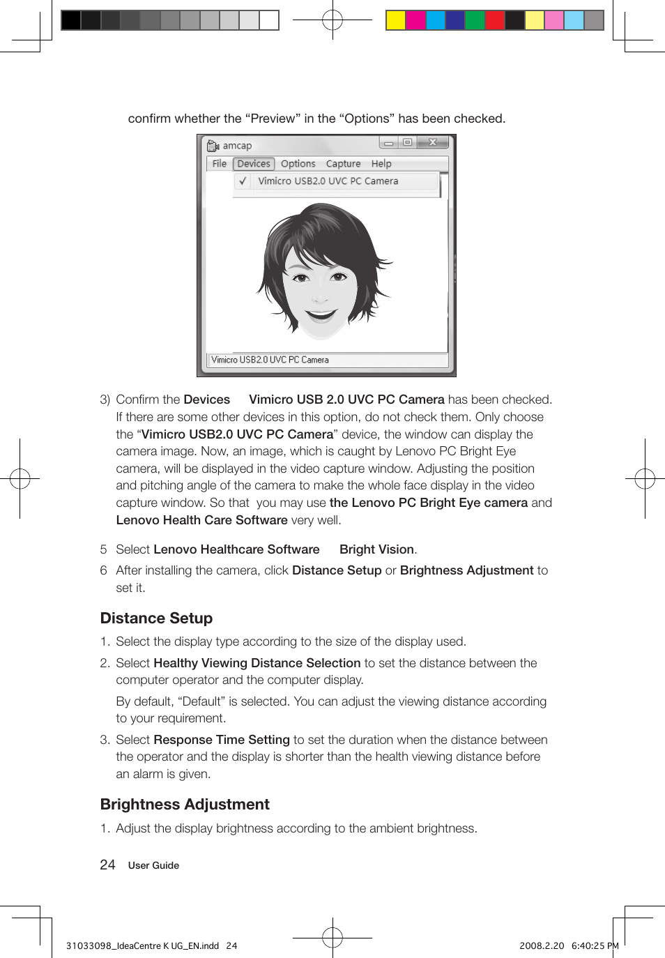 Distance setup, Brightness adjustment | Lenovo IdeaCentre K210 User Manual | Page 29 / 41
