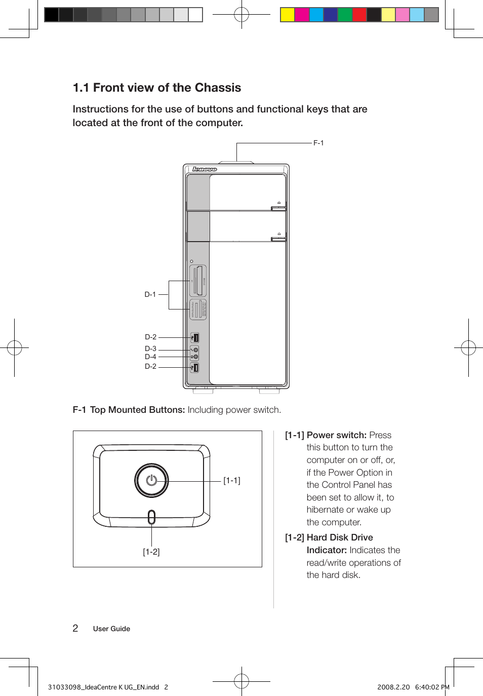 1 front view of the chassis, User guide, F-1 d-1 | D-2 d-3 d-4 d-2 | Lenovo IdeaCentre K210 User Manual | Page 7 / 41