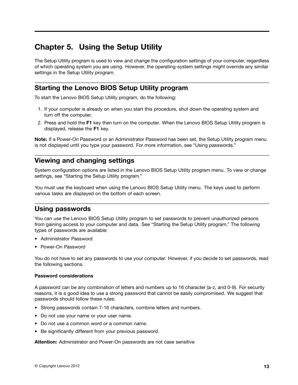 Chapter 5. using the setup utility, Starting the lenovo bios setup utility program, Viewing and changing settings | Using passwords | Lenovo H520s Desktop User Manual | Page 19 / 59