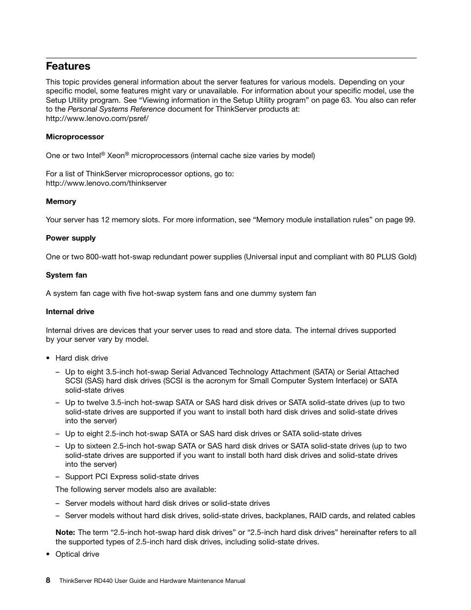 Features | Lenovo ThinkServer RD440 User Manual | Page 20 / 240