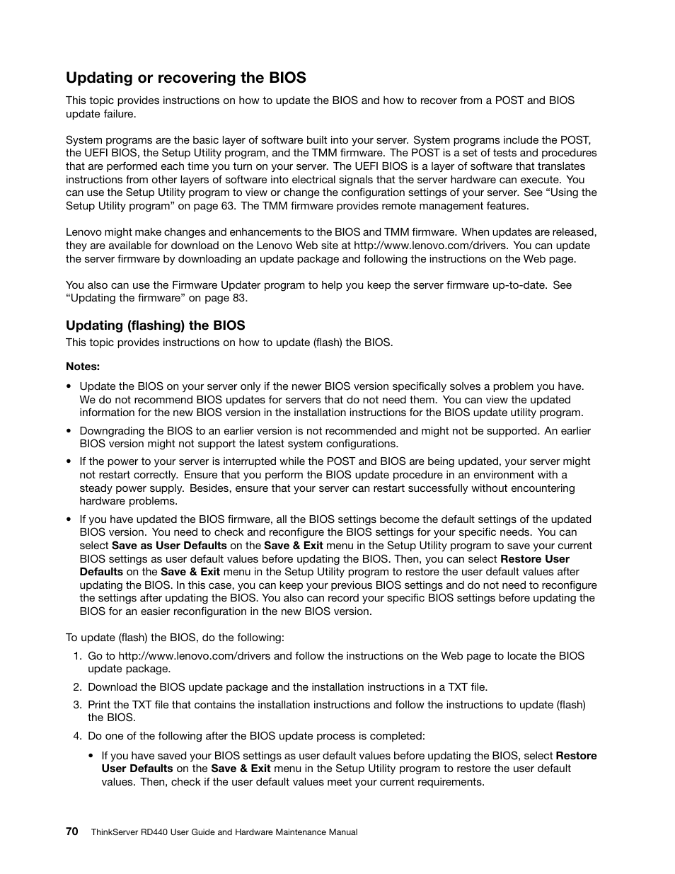 Updating or recovering the bios, Updating (flashing) the bios | Lenovo ThinkServer RD440 User Manual | Page 82 / 240
