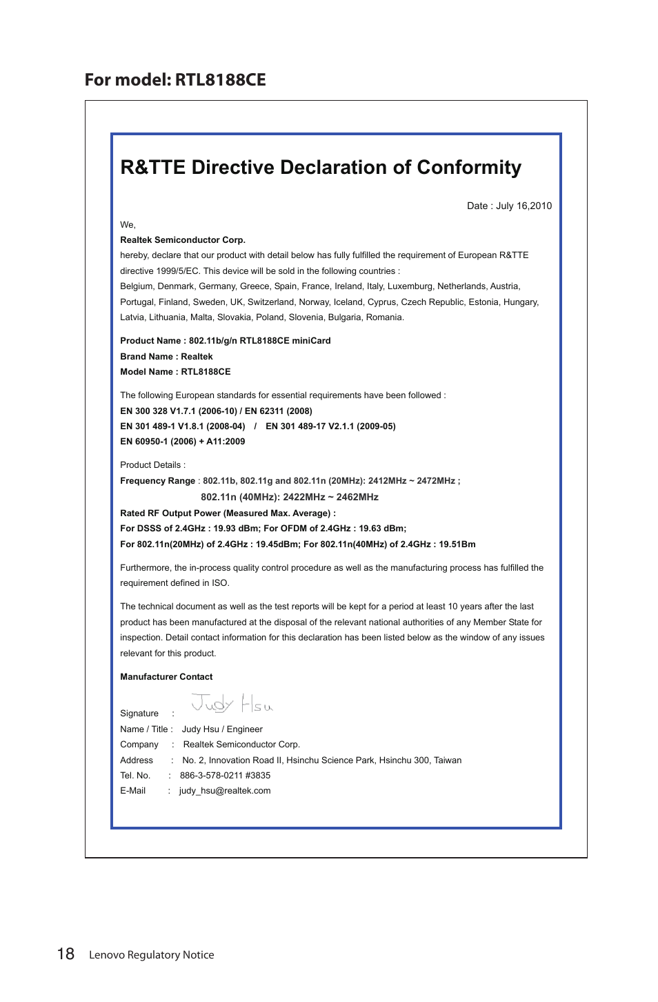 R&tte directive declaration of conformity, For model: rtl8188ce | Lenovo IdeaCentre Q180 User Manual | Page 19 / 35