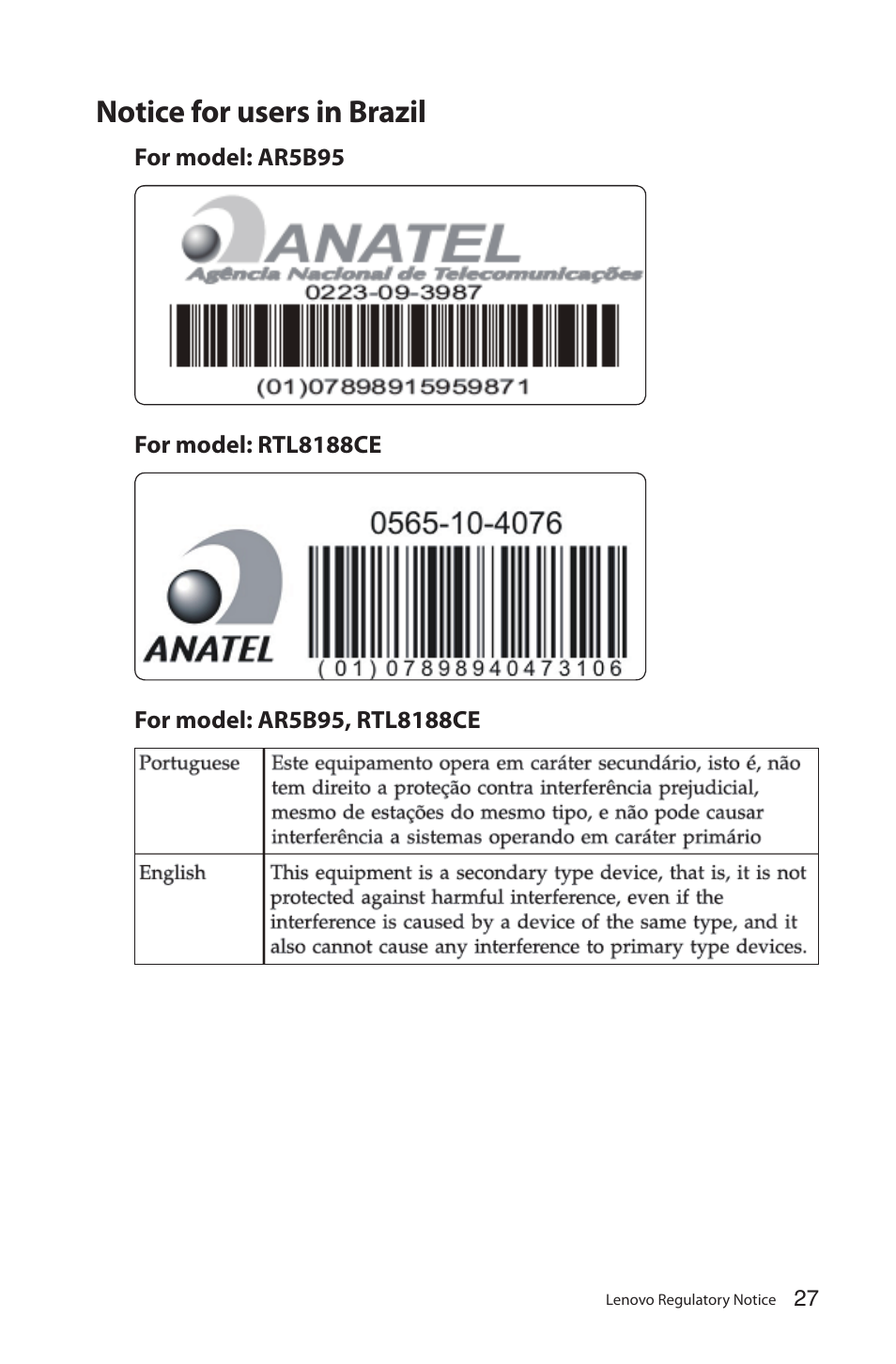 Notice for users in brazil | Lenovo IdeaCentre Q180 User Manual | Page 28 / 35