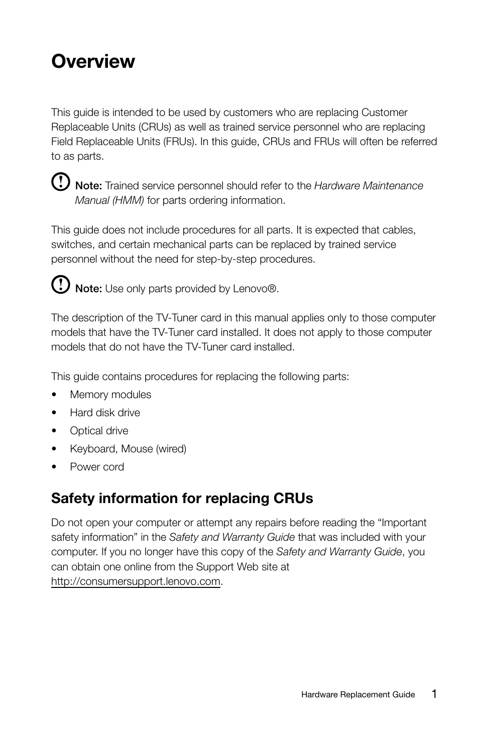 Overview, Safety information for replacing crus | Lenovo IdeaCentre B325 User Manual | Page 6 / 27