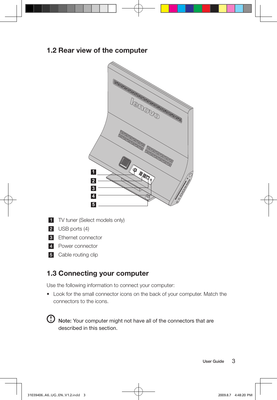 2 rear view of the computer, 3 connecting your computer | Lenovo IdeaCentre A600 User Manual | Page 8 / 41