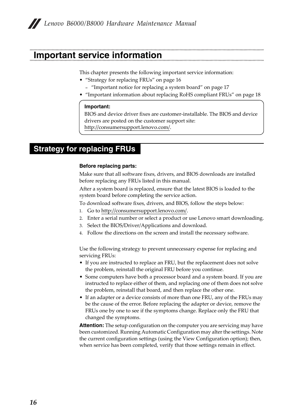 Important service information, Strategy for replacing frus | Lenovo Yoga Tablet 8 B6000 User Manual | Page 20 / 72